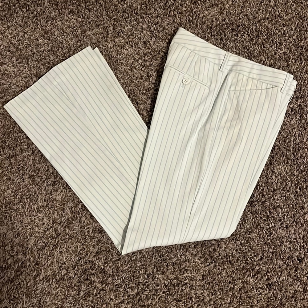 Off-white w/ blue pinstripes, Express Editor pants. Boot cut, size 4.